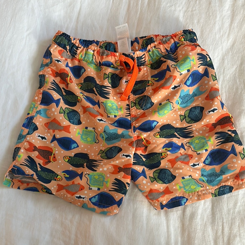 Kids Swim Shorts with Fish Print - Orange and Blue
